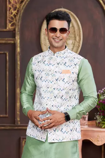 multi colour digital print on art silk 3pcs nehru jacket set