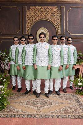 multi colour digital print on art silk 3pcs nehru jacket set 1