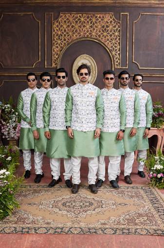 Multi colour digital print on art silk 3pcs jacket set