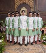 multi colour digital print on art silk 3pcs nehru jacket set