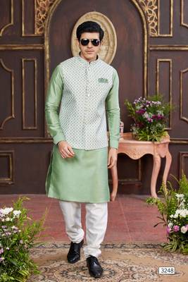 green digital print on art silk  3pcs nehru jacket set 2
