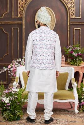 multi colour digital print on art silk 3pcs nehru jacket set 3