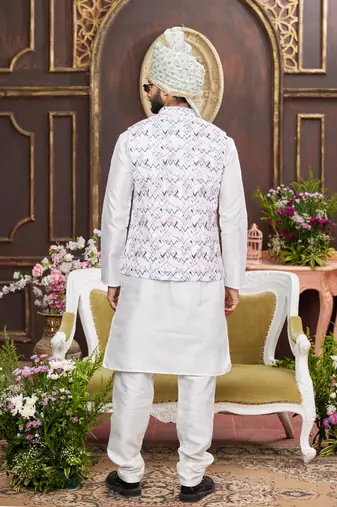 multi colour digital print on art silk 3pcs nehru jacket set