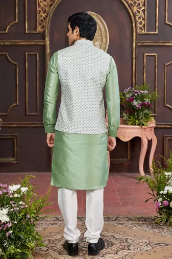 green digital print on art silk  3pcs nehru jacket set