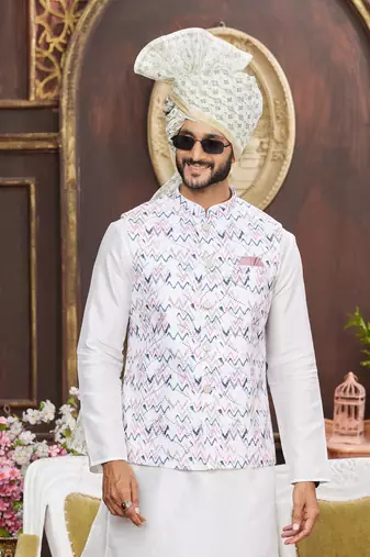multi colour digital print on art silk 3pcs nehru jacket set