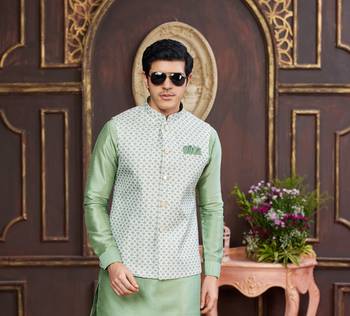 green digital print on art silk  3pcs nehru jacket set 4