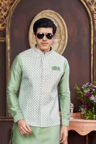 green digital print on art silk  3pcs nehru jacket set