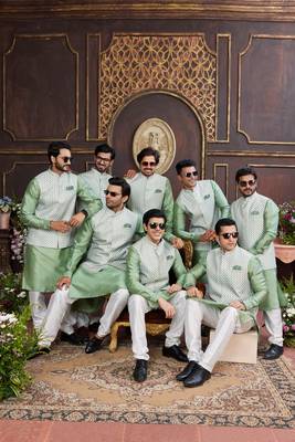 green digital print on art silk  3pcs nehru jacket set 1