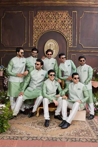 Green digital print on art silk  3pcs jacket set