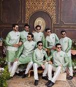 Green digital print on art silk  3pcs jacket set