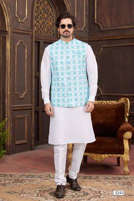 blue digital print on art silk  3pcs nehru jacket set 1