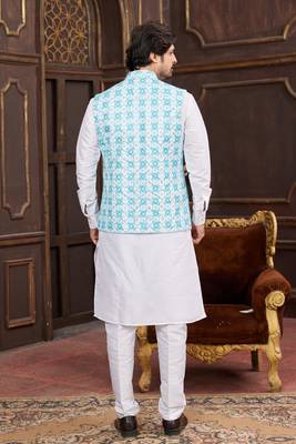 blue digital print on art silk  3pcs nehru jacket set 2