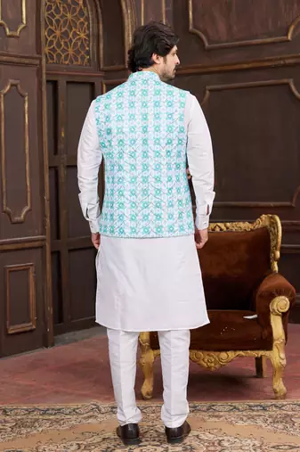 blue digital print on art silk  3pcs nehru jacket set