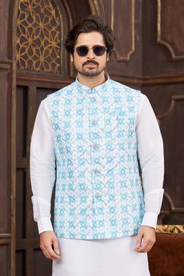 blue digital print on art silk  3pcs nehru jacket set 3