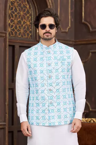 blue digital print on art silk  3pcs nehru jacket set