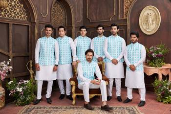 blue digital print on art silk  3pcs nehru jacket set 4