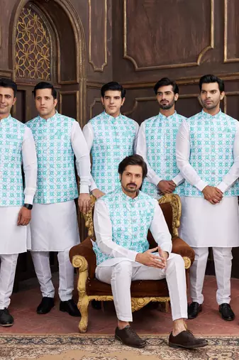 blue digital print on art silk  3pcs nehru jacket set