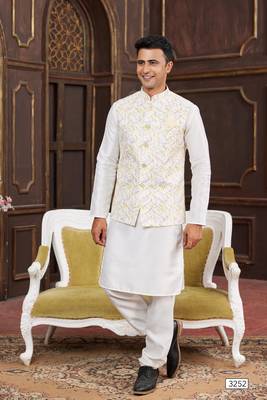 yellow digital print on art silk  3pcs nehru jacket set 2