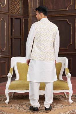 yellow digital print on art silk  3pcs nehru jacket set 3