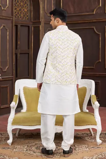 yellow digital print on art silk  3pcs nehru jacket set