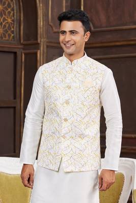 yellow digital print on art silk  3pcs nehru jacket set 4