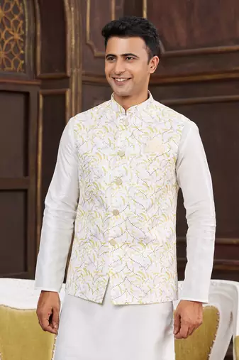 yellow digital print on art silk  3pcs nehru jacket set