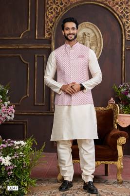 pink digital print on art silk 3pcs nehru jacket set 2