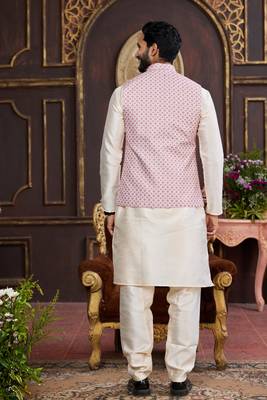 pink digital print on art silk 3pcs nehru jacket set 3