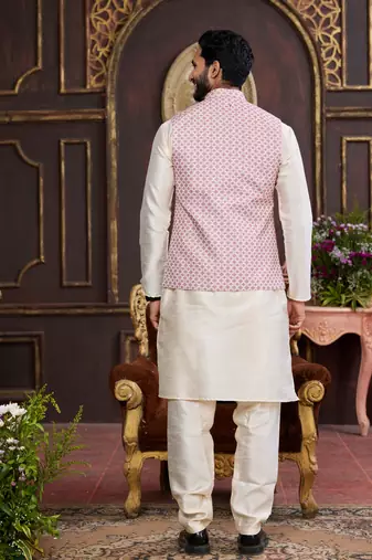 pink digital print on art silk 3pcs nehru jacket set