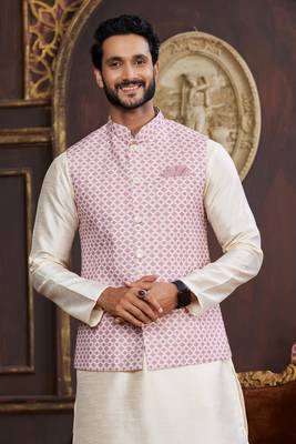 pink digital print on art silk 3pcs nehru jacket set 4