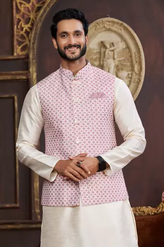 pink digital print on art silk 3pcs nehru jacket set