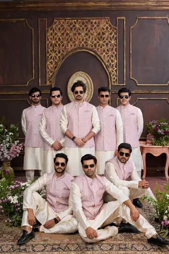Pink digital print on art silk 3pcs jacket set