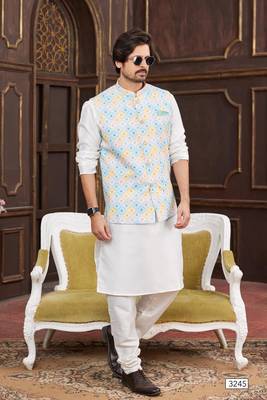 multi colour digital print on art silk 3pcs nehru jacket set 2