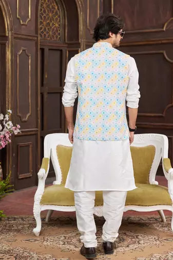 multi colour digital print on art silk 3pcs nehru jacket set