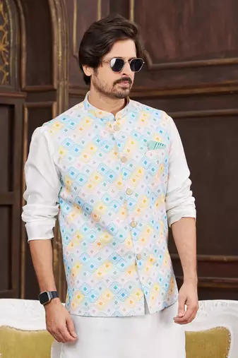multi colour digital print on art silk 3pcs nehru jacket set
