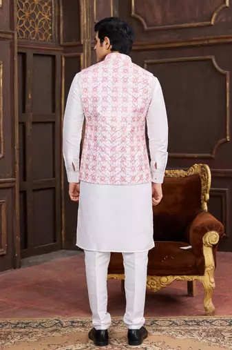 pink digital print on art silk 3pcs nehru jacket set