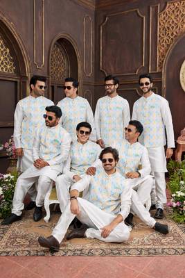 multi colour digital print on art silk 3pcs nehru jacket set 1