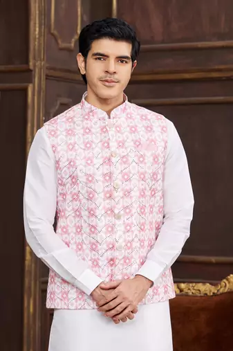 pink digital print on art silk 3pcs nehru jacket set
