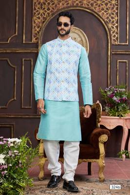 multi colour digital print on art silk 3pcs nehru jacket set 2