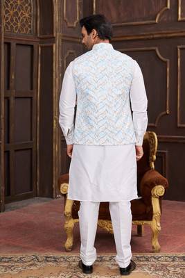 blue digital print on art silk  3pcs nehru jacket set 3