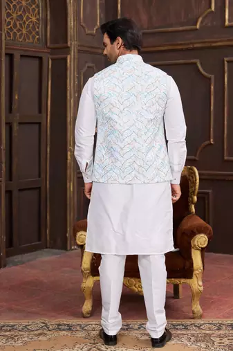 blue digital print on art silk  3pcs nehru jacket set