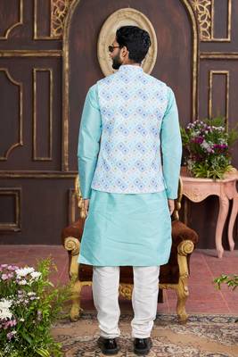 multi colour digital print on art silk 3pcs nehru jacket set 3