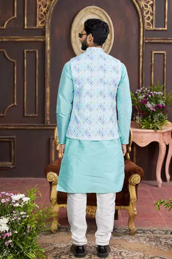 multi colour digital print on art silk 3pcs nehru jacket set