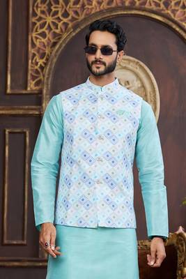 multi colour digital print on art silk 3pcs nehru jacket set 4