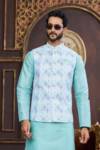 multi colour digital print on art silk 3pcs nehru jacket set