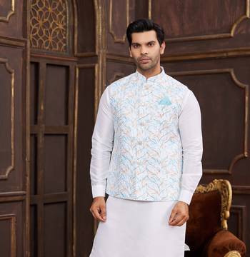 blue digital print on art silk  3pcs nehru jacket set 4