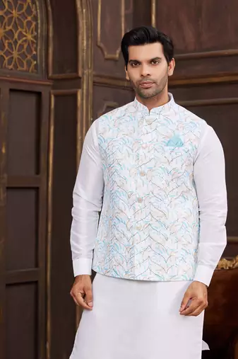 blue digital print on art silk  3pcs nehru jacket set