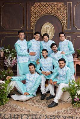 multi colour digital print on art silk 3pcs nehru jacket set 1
