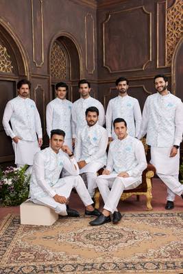 blue digital print on art silk  3pcs nehru jacket set 1