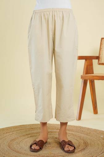 Beige cotton ankle length pant